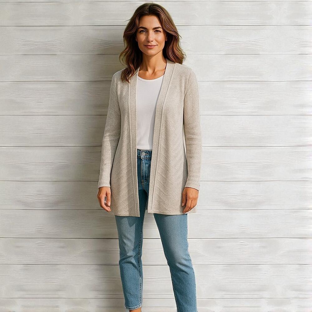EILEEN FISHER Linen Blend Lattice Knit Drape Open Front Cardigan Sz Med Beige